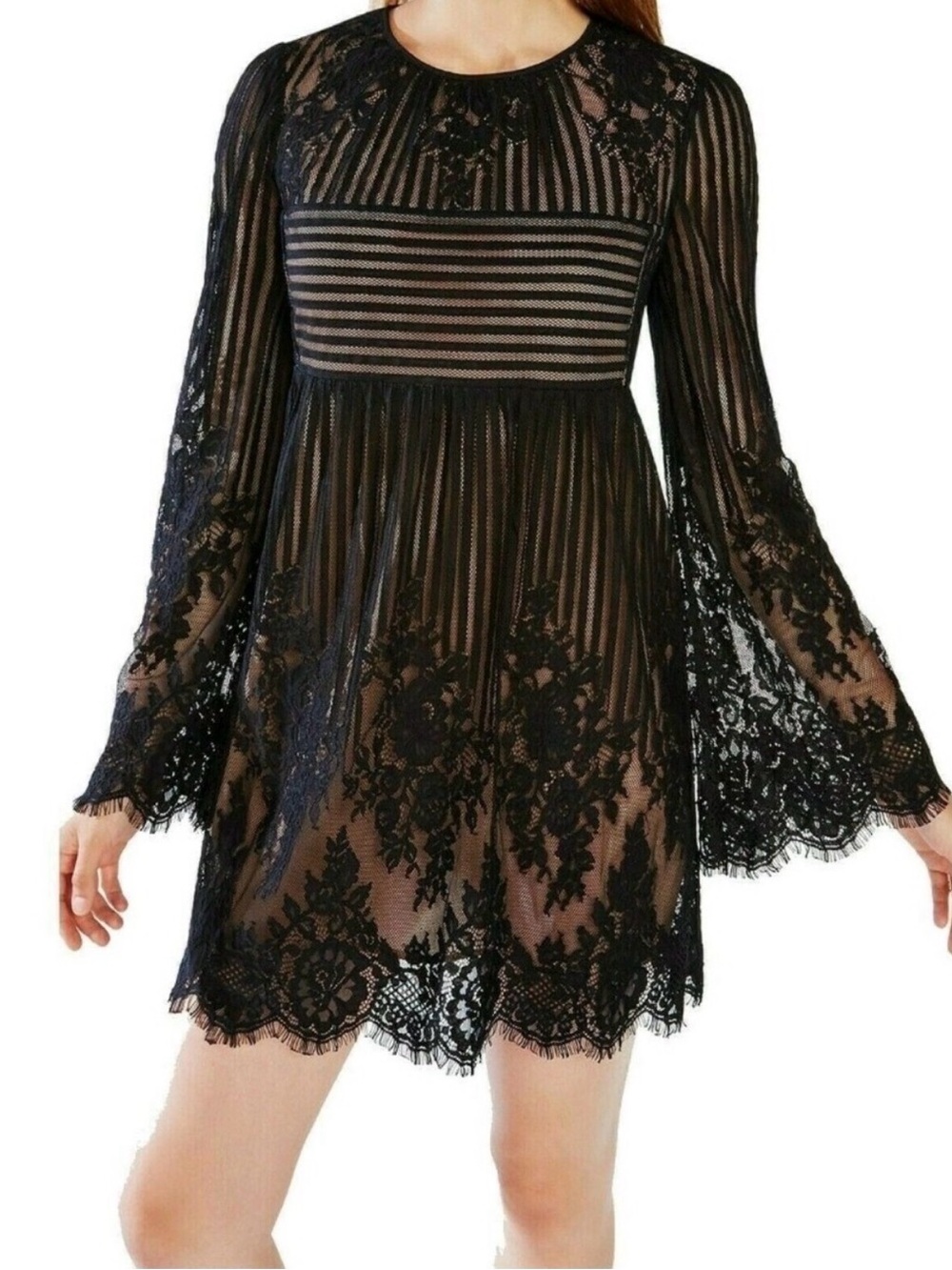 BCBG MaxAzria Luann Floral Stripe Lace Bell Sleeve Babydoll Mini Dress